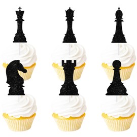 18pcs Black Glitter International Chess Silhouettes Dessert Cupcake Topper Baby Shower Board Game Theme Decor Supplies Boys Girls Happy Birthday Decorations