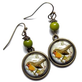Victorian Robin Bird Earrings Reversed Decoupage Glass Cabochon