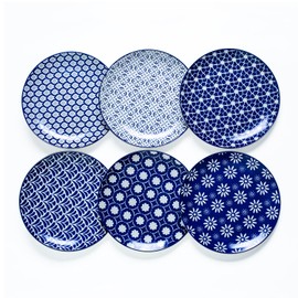 AntoKueh 10.5 inch Blue Porcelain Dessert Plate, Dinner Plates Set of 6, Large Size Ceramic Plates for Salad, Pizza, Pasta, Dishwasher Safe, Vintage Blue