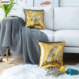 LIGICKY Magic Reversible Glitzy Sequin Throw Pillow Covers Sparkling Decorative Square Cushion Cover Pillow Cases for Home Christmas Wedding Party Decor, Set of 2 (16 x 16 Inches, Gold & Silver)