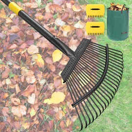 25-Tine Metal Leaf Rake Set with Adjustable Handle, 32-Gallon Bag & Leaf Scoops for Effortless Yard Cleanup, Heavy Duty Sturdy Garden Rake for Lawns, Backyard, Fall & Spring Cleaning 5FT