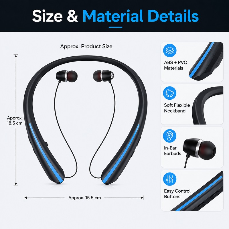 Neckband Bluetooth Earbuds for Calls & Music – Retractable Wireless