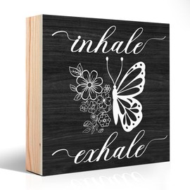 PUVOXHO Inhale Exhale Funny Butterflies Wooden Sign Desk Decor for Home Office Farmhouse Bedroom, Yoga Spa Room Decor, Meditation Gifts for Women Boss Leader Supervisor Coworkers Family Friend BFF