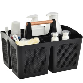 HAUNDRY Portable Shower Caddy Basket with Compartments, Plastic Divided Cleaning Caddy Organizer Storage Tote with Handle for Bathroom, College, Dorm Room Essentials, Black