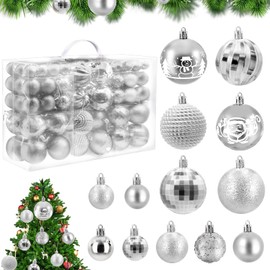 HOVIBU Christmas Baubles Set, 100 Christmas Baubles Plastic Silver, Christmas Tree Baubles with Lanyard, Christmas Decoration for Indoor and Outdoor Use, Reusable (7 Styles)