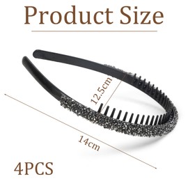 FloralGrace Pack of 4 Black Silver Grey Dark Blue Rhinestone Headband for Women, with Teeth, Non-Slip Headbands, Comb Hair Bands Made of Crystal, Glittering Hair Bands for Women