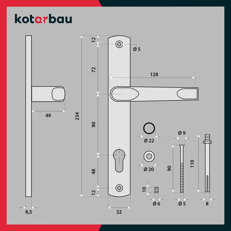 KOTARBAU® Handle Knob Set 90 mm Profile Cylinder Door Handle