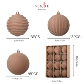 Senjie Velvet Christmas Balls Flocked Christmas Tree 3.15inch Ornaments 12PCS Plastic Balls Xmas Hanging Ornaments Decoration Light Coffee
