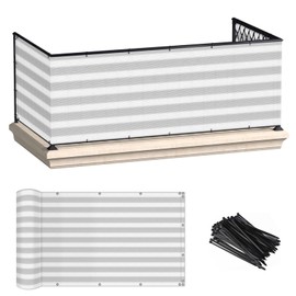 ECOOPTS 3'x1' Balcony Privacy Fence Screen with Zip Ties, Outdoor UV Protection Fence Cover for Balcony Porch Patio Deck Yard (Grey White Stripes)