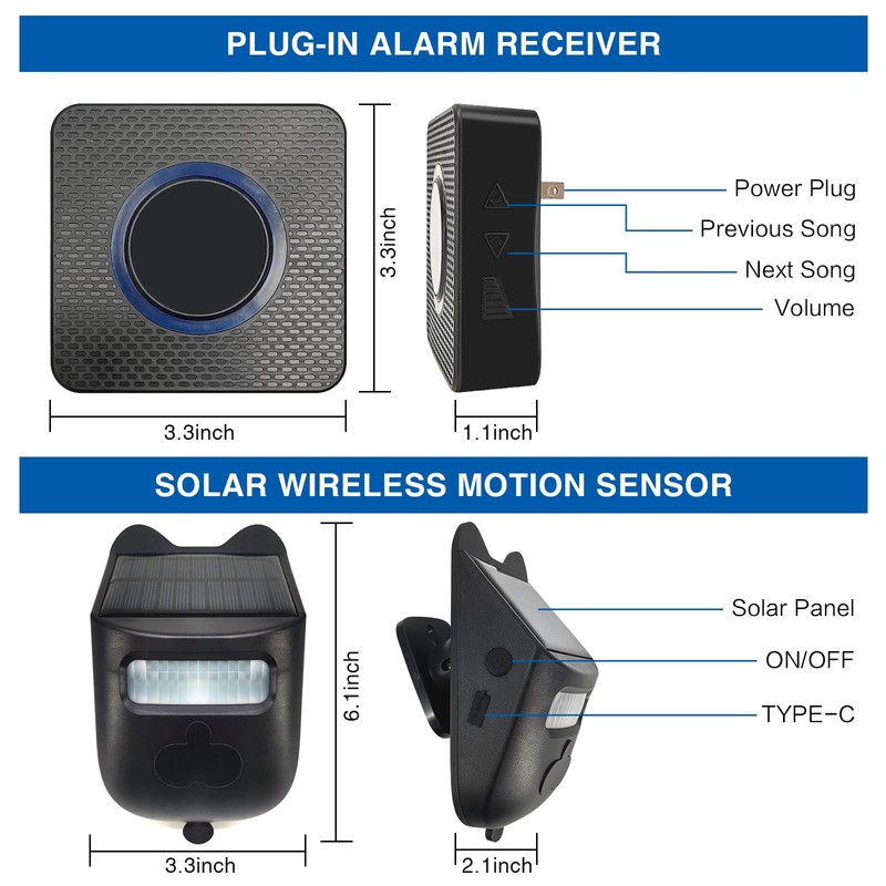 Solar Infrared Sensor Wireless Doorbell,Solar Driveway Alarm, with 1 Solar