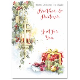 doodlecards Brother and Partner Christmas Card Lamp and Parcels Medium Size Christmas Card for Brother & Partner with Plain Envelope