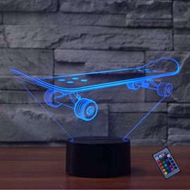 Optical Illusion 3D Skateboard Night Light 16 Colors Changing Remote Control USB Power Touch Switch Decor Lamp LED Table Desk Lamp Brithday Children Kids Christmas Xmas Gift
