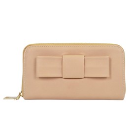 Women's Bow Front PU Leather Zip Around Wallet, Beige