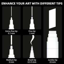 TECADA 5 White Paint Pens, 5 Different Tips Acrylic Paint Markers for Rock Painting, Glass Marking, Canvas, Wood, Tire, Metal, Fabric - Extra Fine, Fine, Medium, Brush Tip & Jumbo Pens