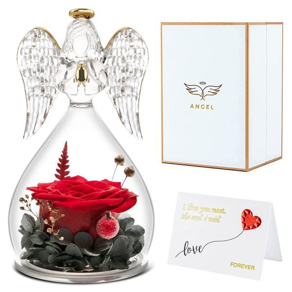 Miofula Angel Rose Birthday Gifts for Women, Preserved Rose in Glass Angel Figurines Gifts for Mom Grandma Wife, Forever Real Roses Gifts for Her on Christmas Valentines Day Mothers Day Thanksgiving