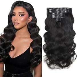 Caliee Extensiones de Cabello con Clip, Estilo Ondulado Natural, Cabello Humano, 115 G, Negro Natural, 8 Piezas, Trama de Poliuretano, Sin Costuras, S