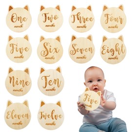 12PCS Baby Milestone Cards, 10cm Round Wooden Milestone Baby Cards Cute Cat Shape Baby Monthly Milestone Cards for Birth Announcement Baby Shower Pregnancy Journey (12 Months)