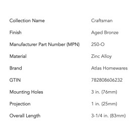 Atlas Homewares 250-O Craftsman 3" (C-C) Cabinet Pull Handle In Aged Bronze, New