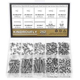 Kindroufly 252 Pieces #4-40 x 3/16", 1/4", 5/16", 3/8", 1/2", 5/8", 3/4", 1", Countersunk Head Socket Cap Screws Nuts Washers Assortment Kit, 304 Stainless Steel, Fully Machine Thread