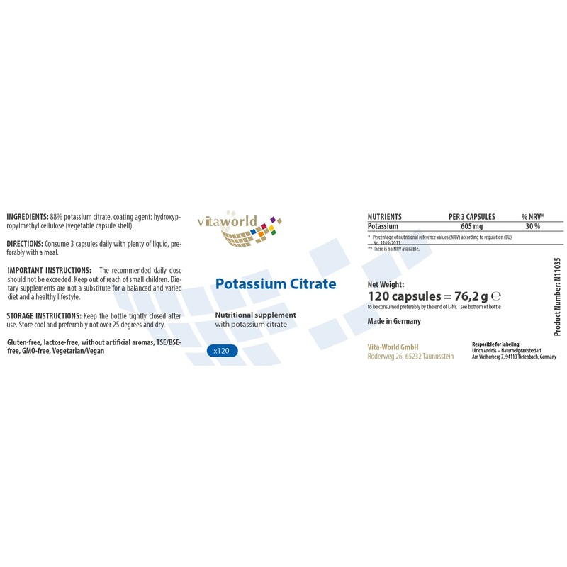 Vita World Potassium Citrate 605mg Daily dose 120 Capsules Made