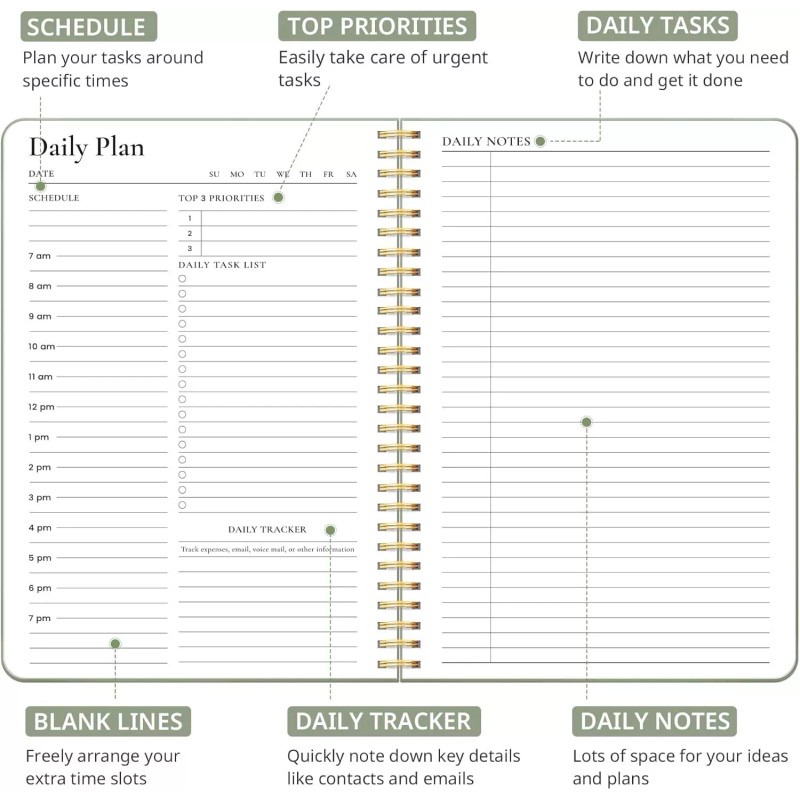 ZOTIA Aesthetic Daily Planner Notebook With Hourly Schedule, Spiral To