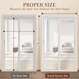 Yotache Reversible Left/Right Opening Magnetic Screen Door Fits 48 x 96 inch Doors, Screen Size 50" x 97" Anti-Tearing Net with Strong Magnets for Front/Back Patio Door, White
