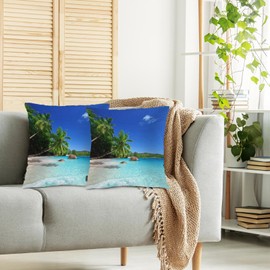 Swono Throw Pillow Covers Ocean Beach, Tropical Ocean Sea Palm Trees Accent Cushion Covers Decorative Pillowcase for Men Women, Livingroom Sofa Bed Pillows Covers, 18x18 Inch, Set of 2