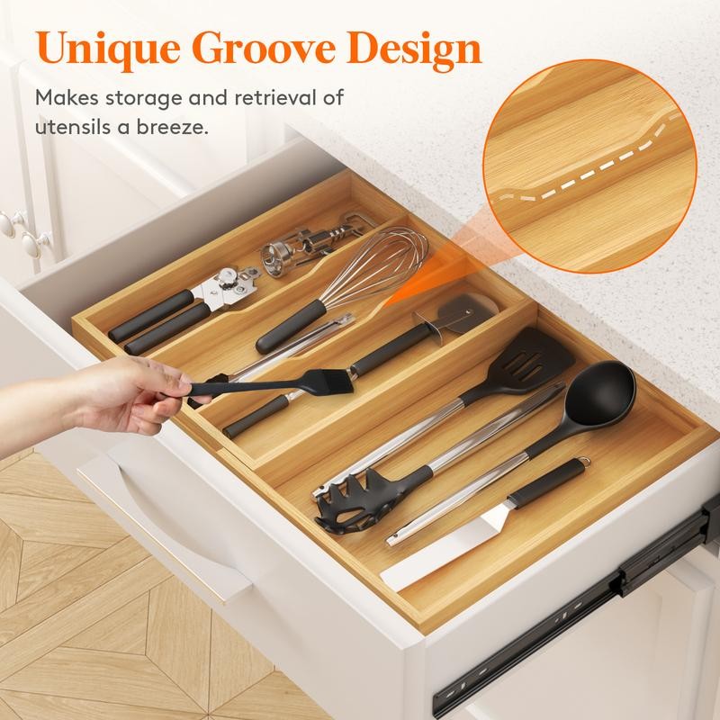 Lifewit 4 Compartments Bamboo Utensil Drawer Organizer, Expendable Cooking Silverware