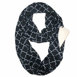 Scarves for Women, Ladies, Infinity Scarf with Zipper Pocket Pattern Print Lightweight Wrap (Black, 25 * 180CM)