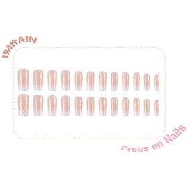 IMRAIN Press on Nails Long Square Fake Nails with Glitter Design Nude White Gradient False Nails Glossy Glue on Nails Artificial Acrylic Sequin Stick on Nails for Women Nails Decoration 24Pcs