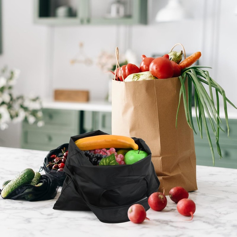4 bolsas de la compra plegables con bolsa adjunta, negro,