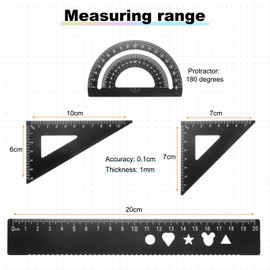 HARFINGTON 4pcs Triangular Ruler Set 20mm Aluminum Ruler Geometric Protractor Triangle Ruler Engineering Scale Drafting Ruler Kit for Office Home, Black