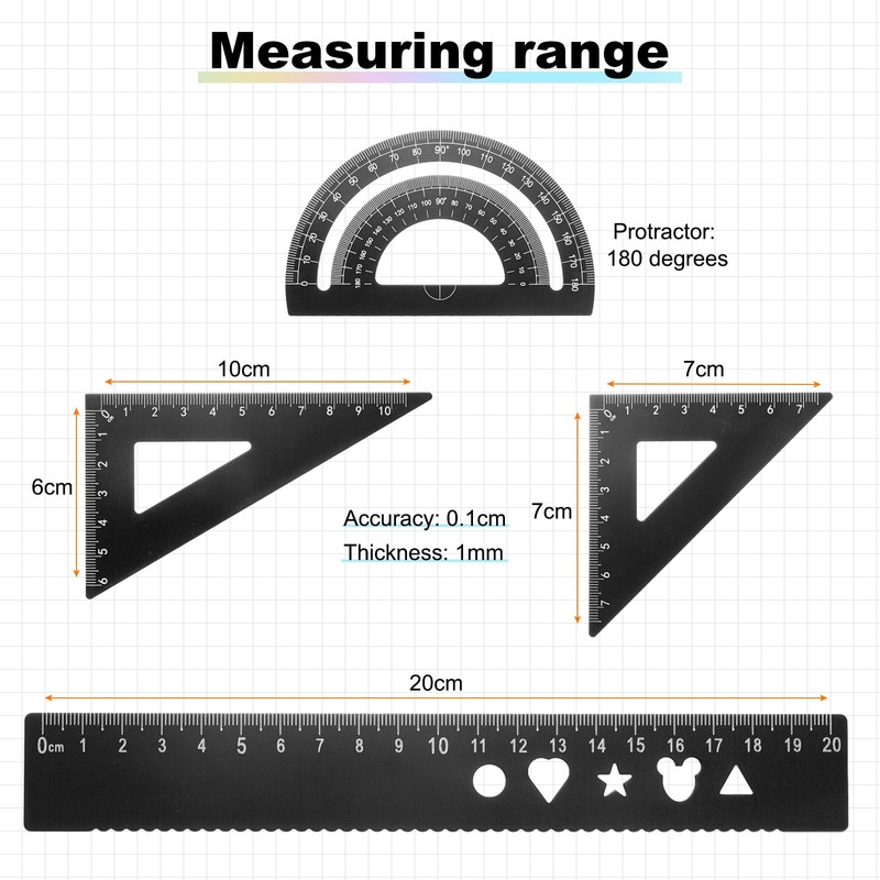 HARFINGTON 4pcs Triangular Ruler Set 20mm Aluminum Ruler Geometric Protractor