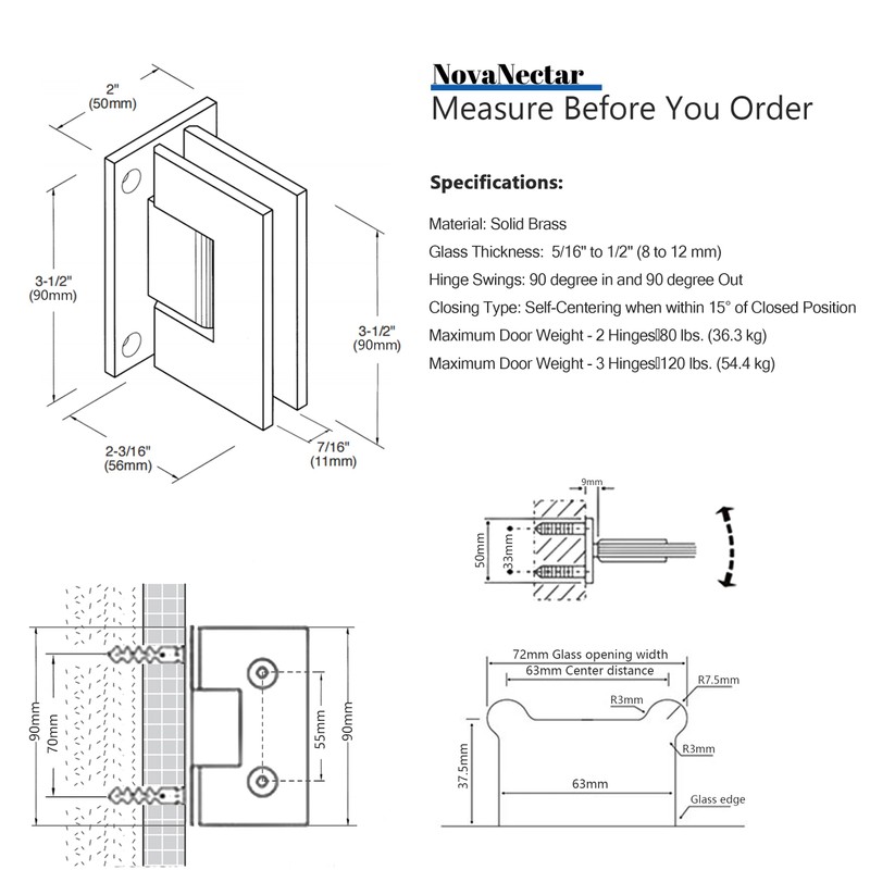 NovaNectar Brass Glass Door Hinge,90 Degree Heavy Duty Short Back
