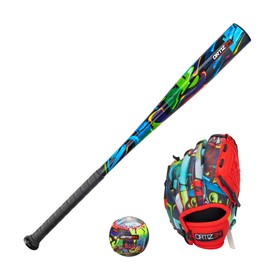 Ortiz34 Homerun Kids Tee Ball Set- David Ortiz 3-in-1 Aluminum Baseball Bat, Baseball, & Youth Baseball Glove Bundle (Made for Youth/Kids) (Red/Blue)