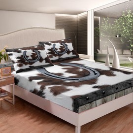 Manfei Horseshoe Fitted Sheet Full Size, Brown White Cow Fur Print Bed Cover with 2 Pillowcases, Vintage Wooden Plank Bedding Set 3pcs for Kids Boy Room Decor, Soft Polyester Bedding