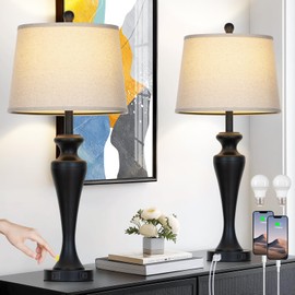 luxeflow 30" Black Table Lamps Set of 2, Touch Control Tall Living Room Lamp with USB A+C Ports and AC Outlet, 3-Way Dimmable Bedside Lamps for Nightstand, Modern Metal Bedroom Lamp, 2 Bulbs Included