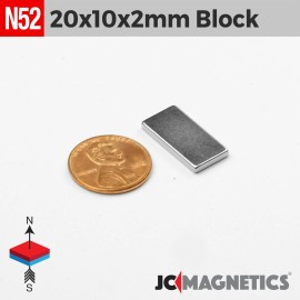 Neodymium 20mm x 10mm x 2mm N52 Thin Strong Rare Earth Neodymium Magnet Block 20x10x2mm - 10 pcs
