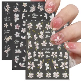 3 Sheets Cherry Blossom Nail Stickers Pink Floral Nail Decals 3D Self-Adhesive Nail Design Stickers for Women DIY Flower Manicure Decoration Supplies for Acrylic Nails