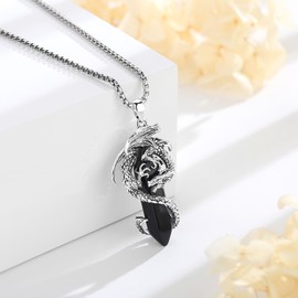 EUDORA Vintage Dragon Obsidian Necklace for Women Men, Silver Plated Copper Viking Dragon Obsidian Pendant Amulet Energy Gothic Jewelry, Gift for Women Men Dad Mother Mom, Chain 20" +24"