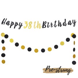 LASKYER Happy 38th Birthday Bunting Banner with Black & Gold Glitter Circle Dots Set Perfect for 38 Years Old Birthday Party Decorations.