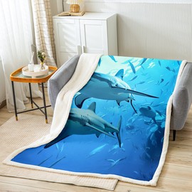 Shark Fleece Blanket for Sofa Couch Ocean Marine Theme Sherpa Throw Blanket for Kids Adults Decorative Sea Underwater Animal Fuzzy Blanket Creature Sealife Plush Blanket Throw 50"x60"