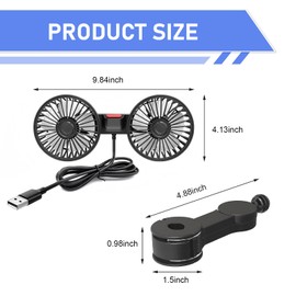 Opuweiy Car Backseat Fan, USB Dual Head Vehicle Rear Seat Cooling Fan, 3 Speed 360 Degree Rotatable Headrest Cooler, Suitable for Cars SUVs Vans (Black)