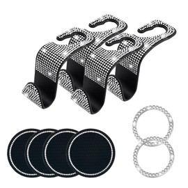 10 Pcs Bling Car Interior Accessories，Universal Car Seat Headrest Hook，Bling Car Start Button Ring Covers，Bling Car Coasters, Bling Cup Holder Insert Coasters(White Diamond)