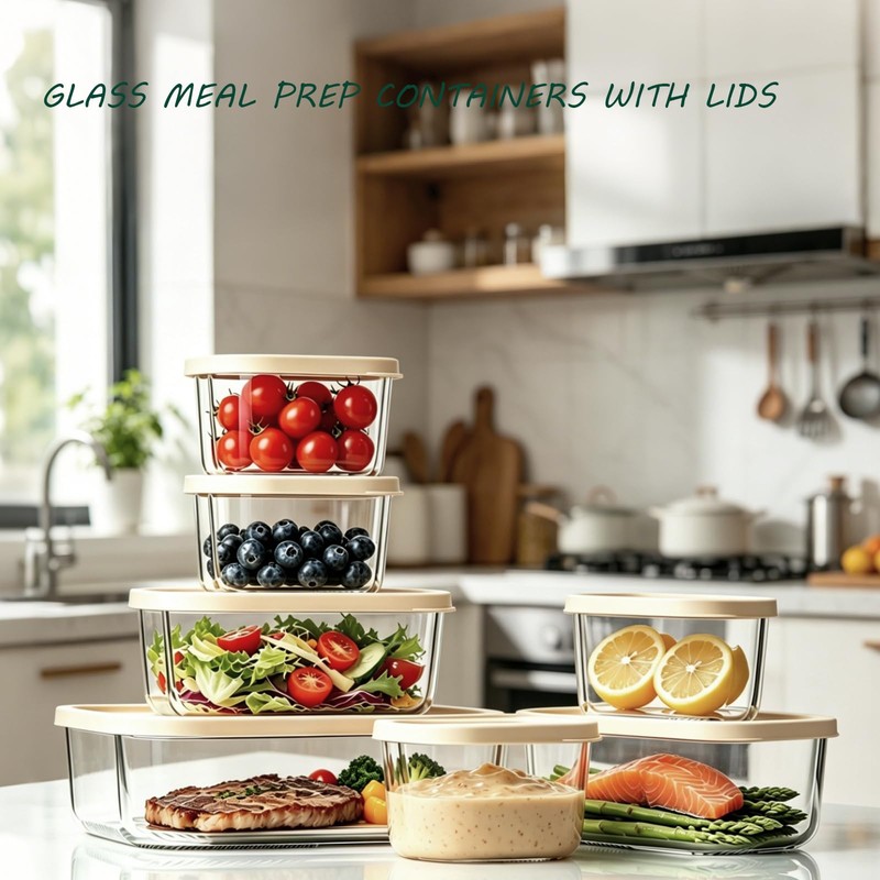 KEMETHY 7 Pack Glass Food Storage Containers with Lids,Stackable BPA