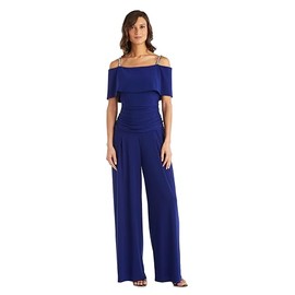 R&M Richards Elegant Off-the-Shoulder Ruched Bodice Jumpsuit W/Rhinestone Straps & Wide Legs