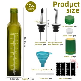 17oz 4 Pcs Scale Olive Oil Dispenser Bottle,500ml Glass Oil and Vinegar Dispenser Set with 4 Stainless Steel Pourers, 8 Labels,Funnel Oil Bottles for Kitchen (Green)