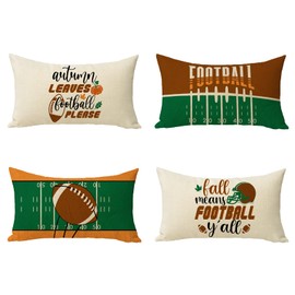 Ussap Fall Means Football Y'all Decorative Throw Pillow Cover Set of 4, Autumn Leaves Football Please Quote Cushion Case Decor, Rugby Sport Helmet Pumpkin Decoration for Sofa Couch 12 x 20