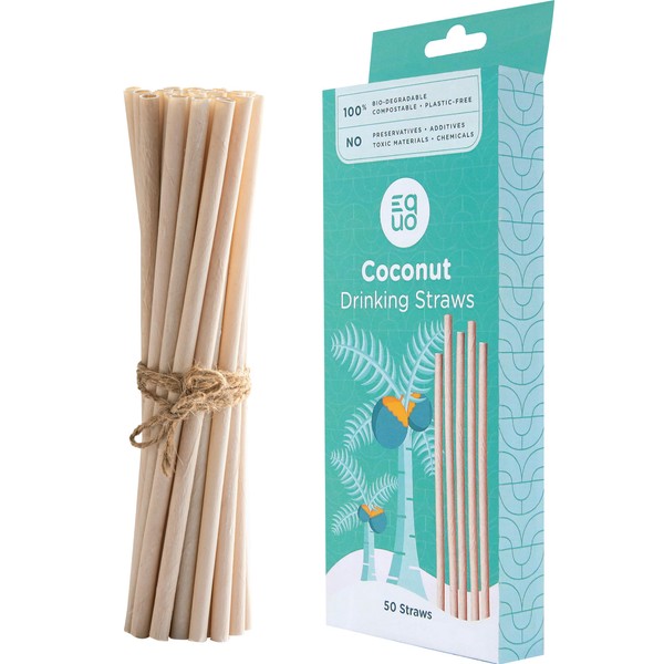 EQUO Coconut Straws, Disposable, Biodegradable, Compostable, and Plastic-Free Drinking Straws, Pack of 50, Standard