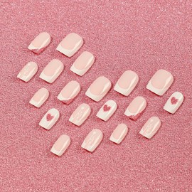 Valentines Day Press on Nails Short Fake Nails Square Acrylic Nails White Nail Tips Pink Glitter Heart Design French Tip Press on Nails Full Cover Glossy Stick on Nails Short False Nails for Women